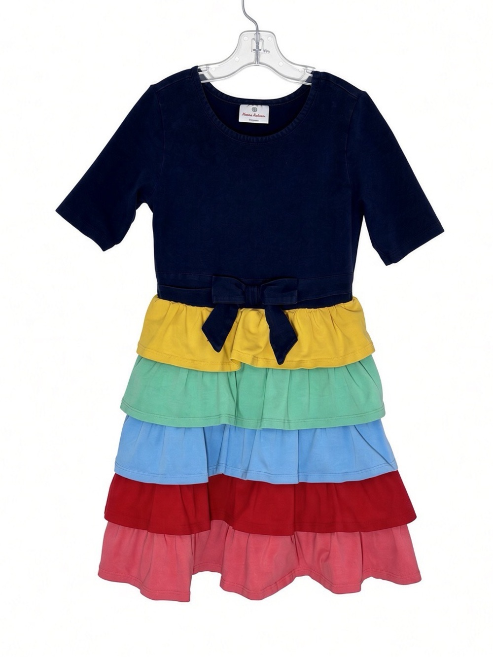 Hanna Andersson Rainbow Tiered Dress Girls 8 / 130 Navy Bow Colorblock